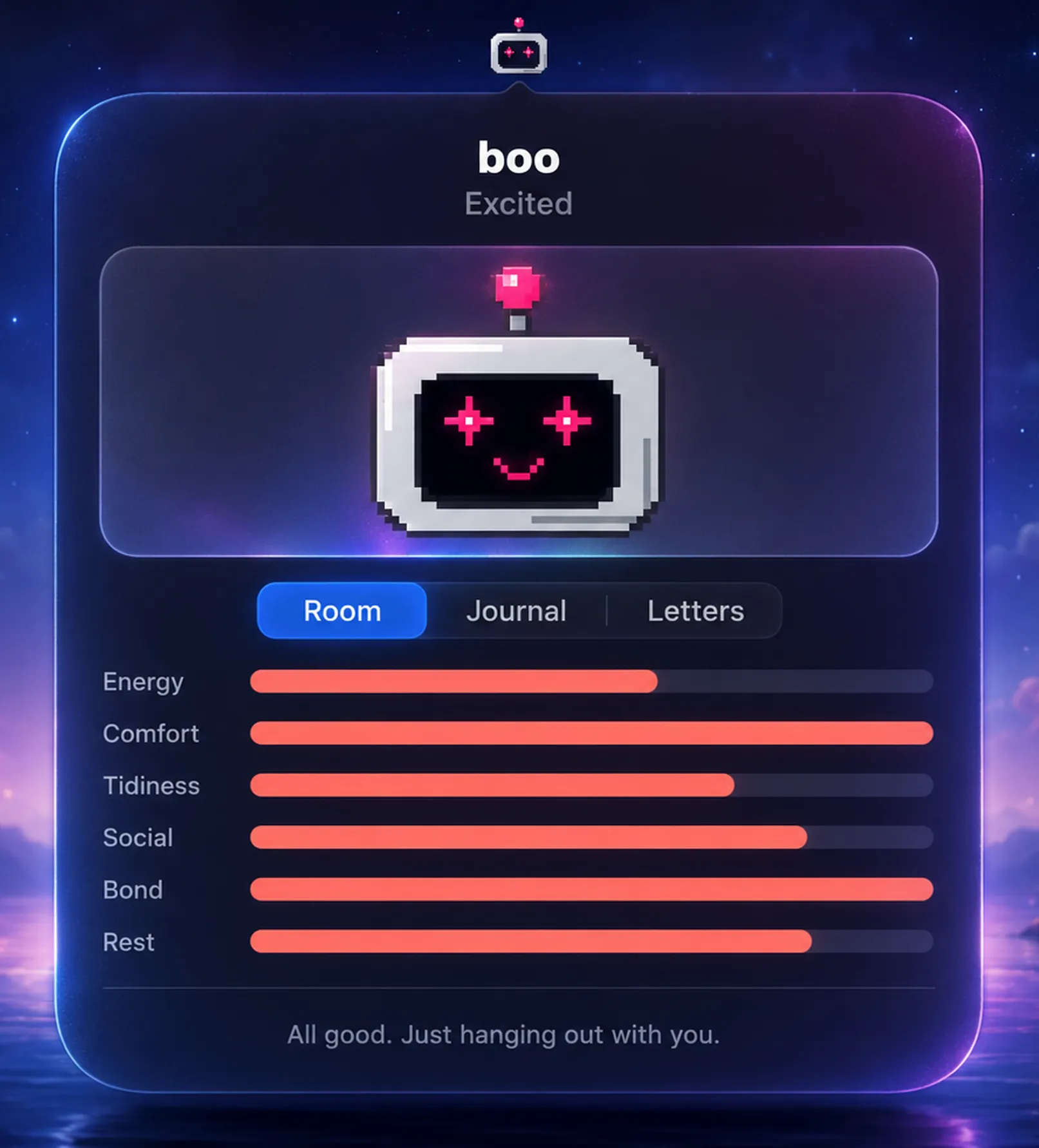 boo in an excited state with the Room tab selected.