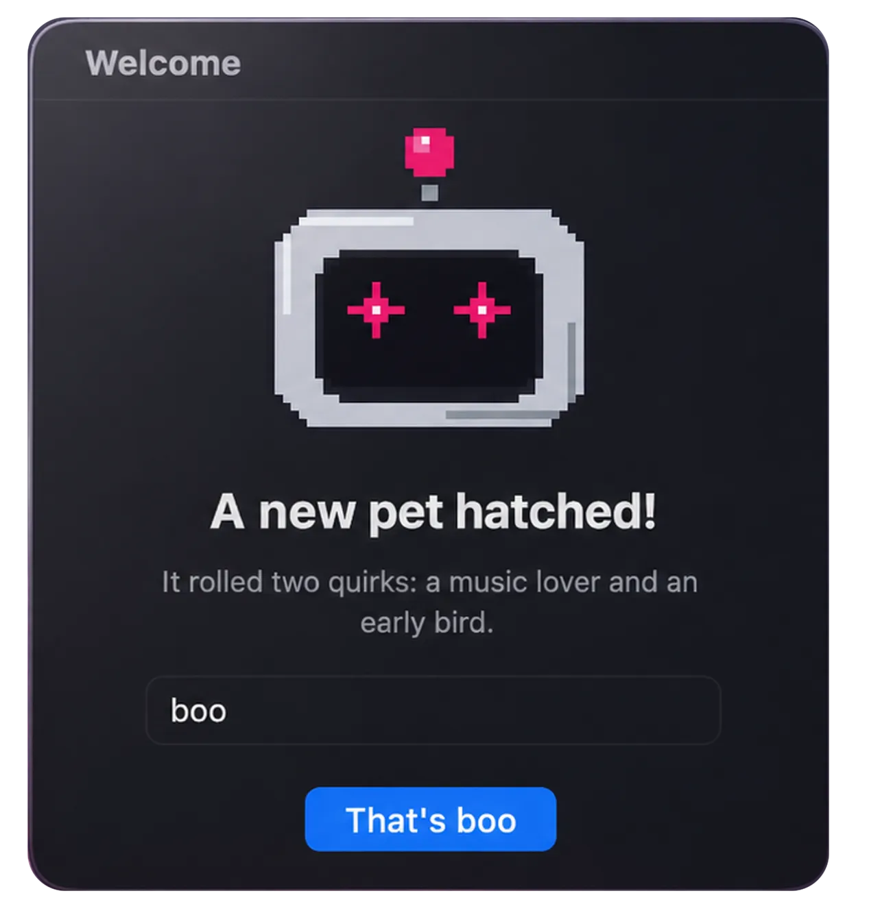 Nibling's naming screen, with boo entered as this pet's name.